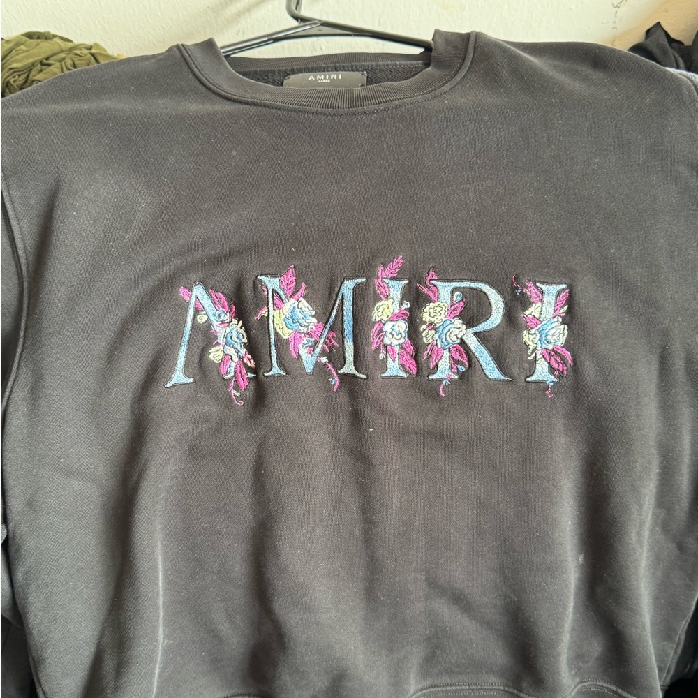 AMIRI Black Crewneck Sweatshirt with Leather Brand Tag